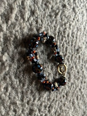 Chunky Statement Bracelet Beaded Hand-Painted Beads Black, Yellow, Blue & Red