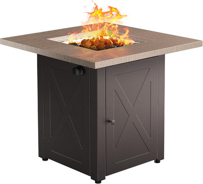 28 Inch Outdoor Gas Square 50000 BTU Fire Pit Table with Lid, Bionic Wood Grain