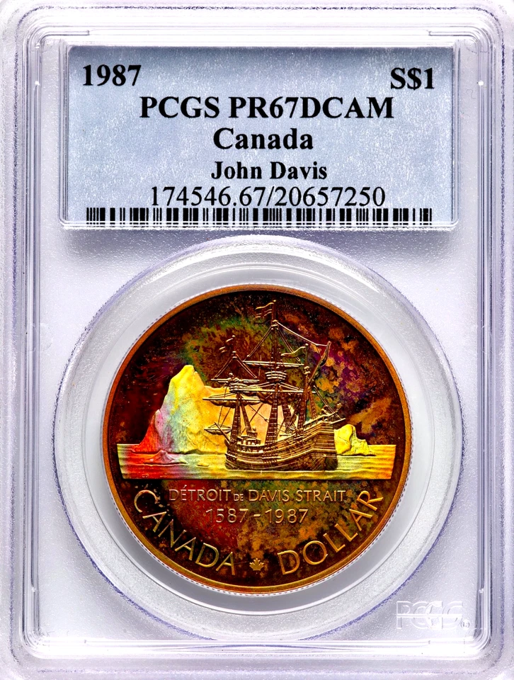 1987 CANADA Elizabeth II John Davis Silver Dollar PCGS PR67 DCAM Rainbow Toned - Image 2 of 3