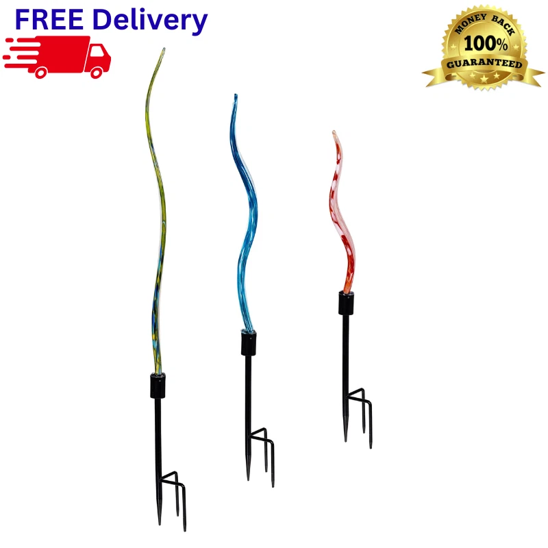 Juego de 3 estacas de jardín de vidrio sopladas a mano estacas de metal coloridas decoración de patio Foto 4 de 4