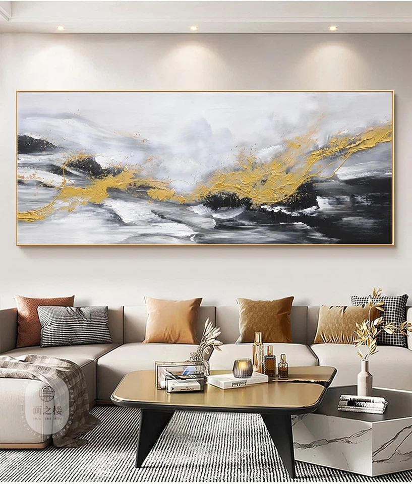 Arte de pared abstracto pintado a mano en lienzo para sala de estar, pintura al óleo moderna enmarcada en 3D Foto 4 de 4