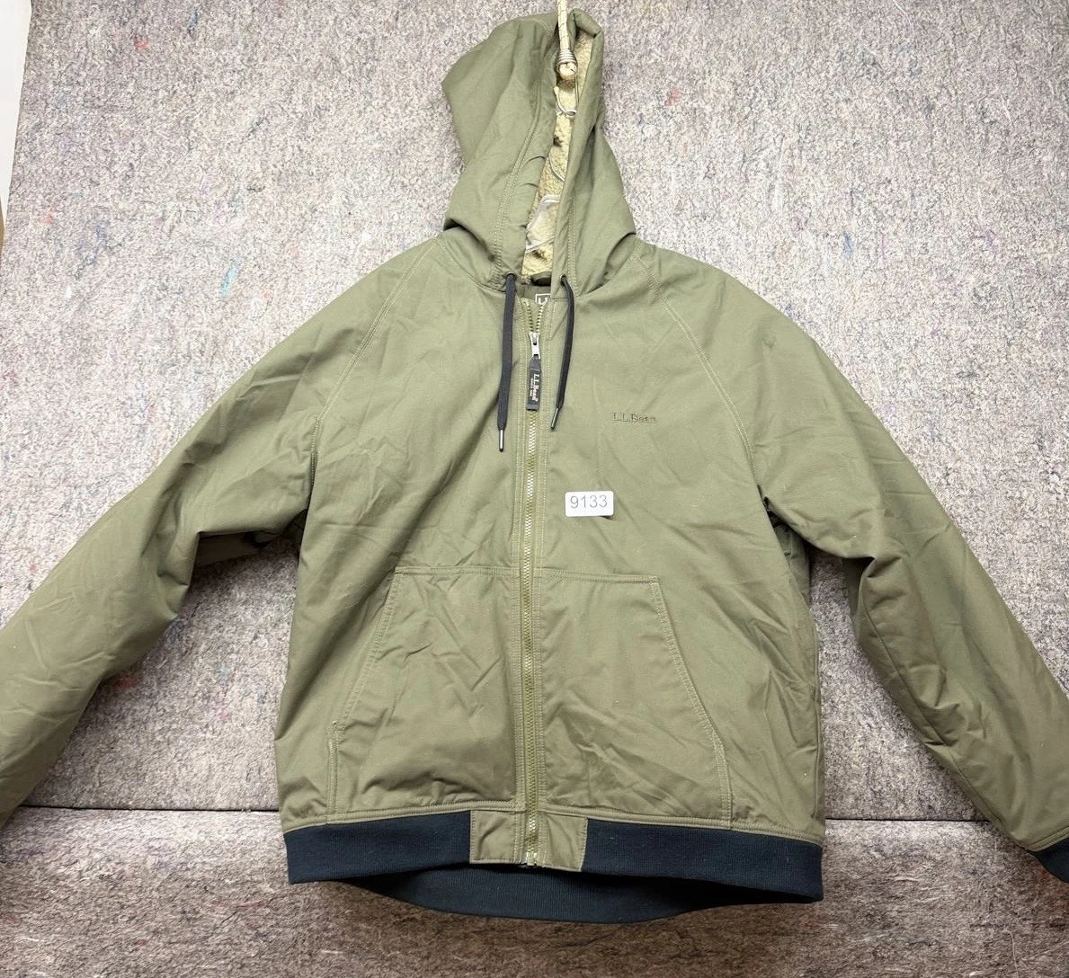 LL Bean Mens Jacket Insulated Hoodie Sherpa Zip Up Green Pockets Size L