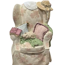Vintage Floral Chair Figurine with Sleeping Cat, Hat and Book Decor