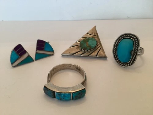 Vintage Navajo sterling silver turquoise rings, earrings, etc, all signed