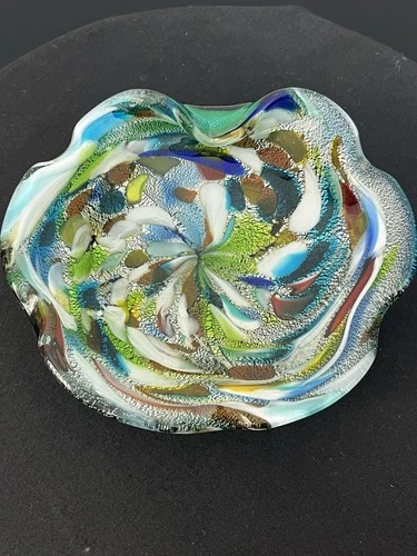 ❤️ Vtg MURANO ART GLASS Tutti Frutti Freeform Folded Bowl Silver Foil Italy ❤️