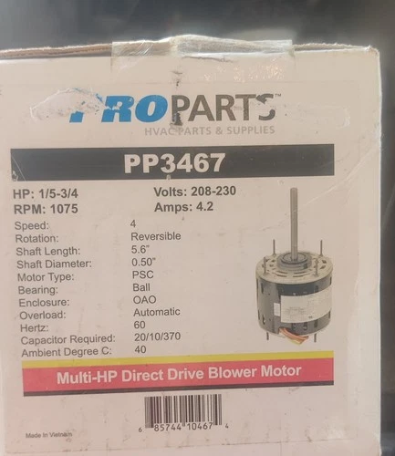 Air Handler Blower Motor, Vary speed, 3/4-1/5 Hp, 208-230 V 1 Ph PP3467