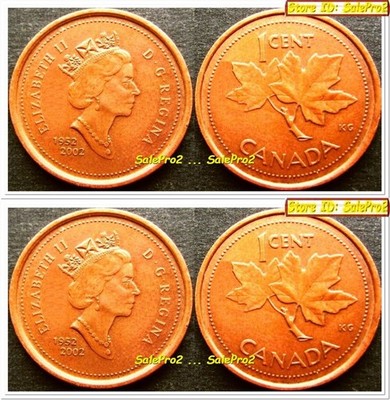 2x CANADA 1952 2002 QUEEN ELIZABETH MAPLE LEAF DOUBLE DATE CENT PENNY COIN LOT