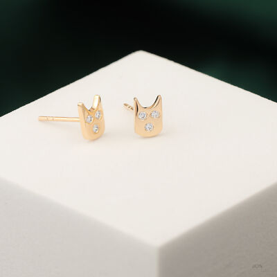 14K Gold natürliche Diamant Katze Katze Ohrstecker-Geschenk 