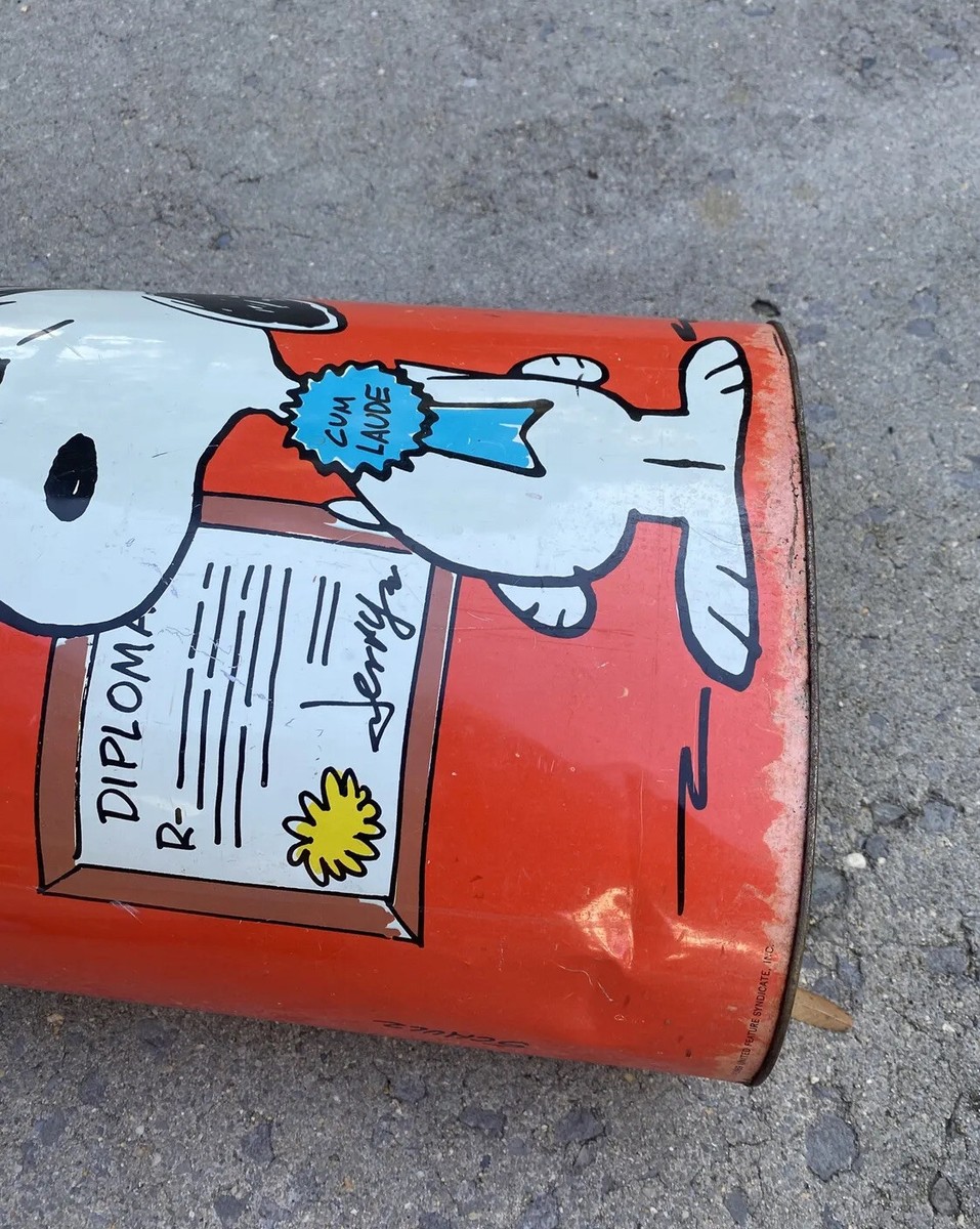 Vtg Peanuts Cheinco Charlie Brown Snoopy Metal Garbage Can Tin