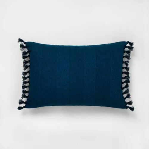 HEARTH & HAND MAGNOLIA Knotted Fringe Blue Decorative Throw Pillow 14"x20" New - Picture 1 of 3