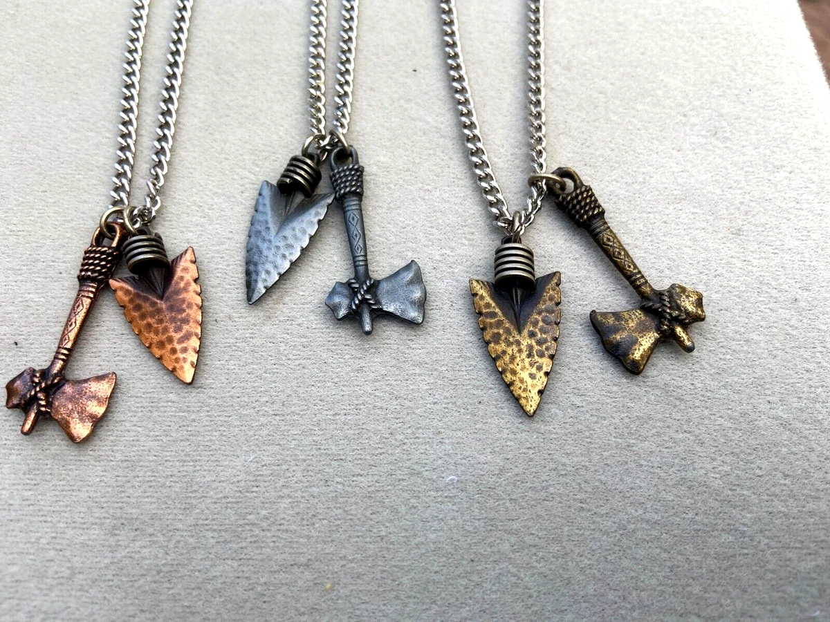 3 Vintage NEW Arrowhead Tomahawk Pendants Necklaces Western Pewter Copper Brass
