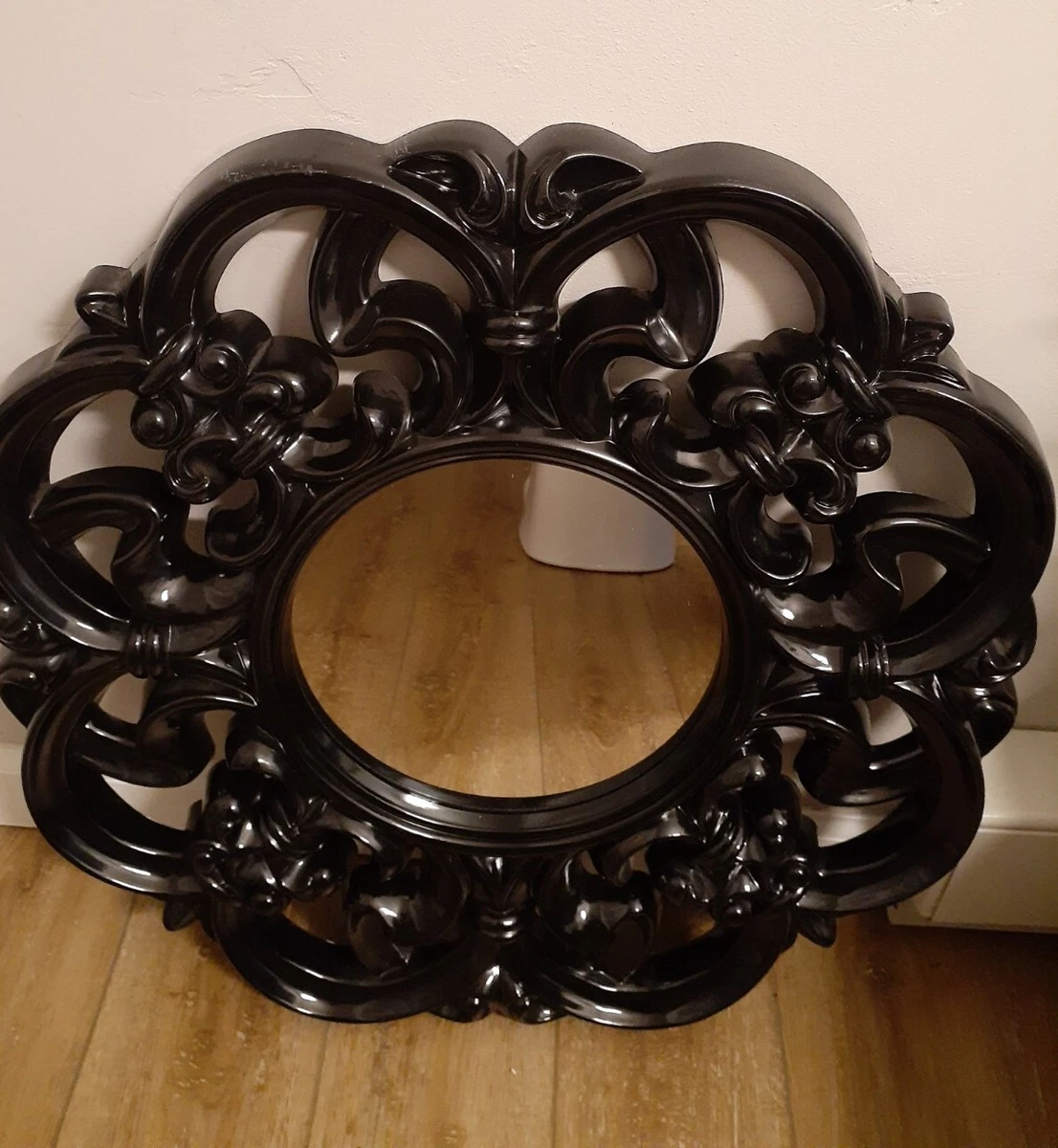 Round Ornate Wall Mirror Home Decor Shiny Black Plastic Scrolled Frame 23