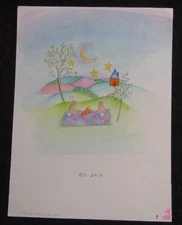 CUTE RABBIT PICNIC with Cresent Moon & Stars 9x12" Greeting Card Art #2013