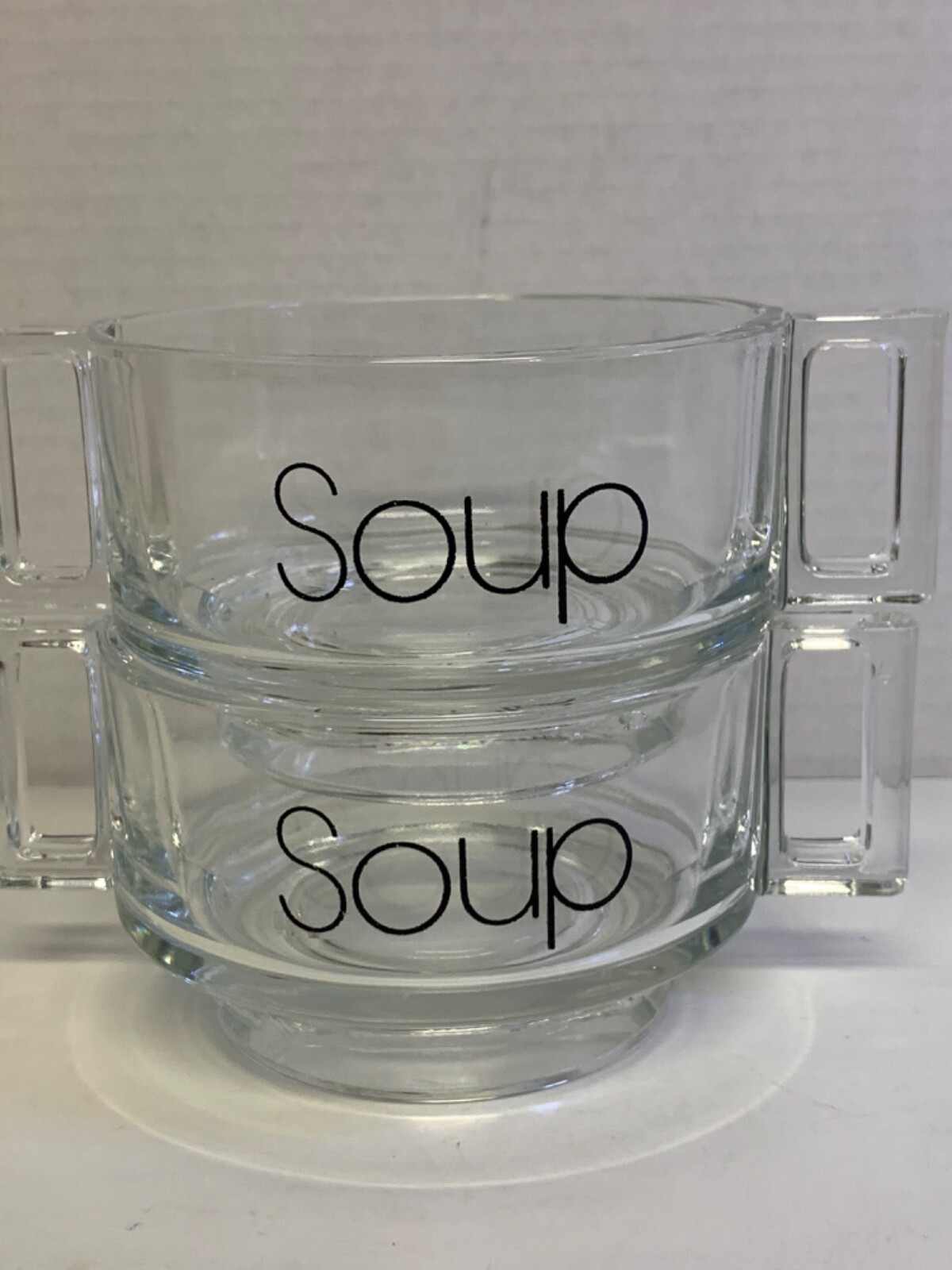 Pair of Clear Glass Soup Bowls MCM Retro Style Logo Square Handle Made