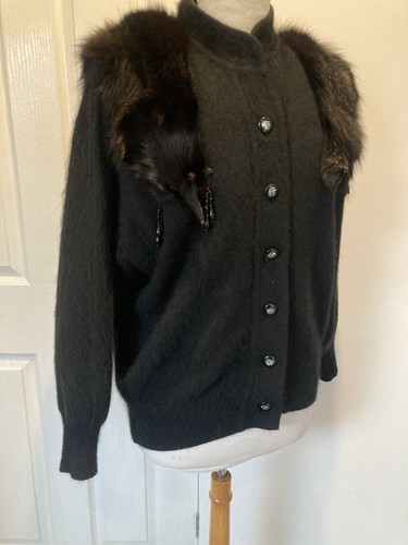 Vintage Black Angora Cardigan With Real Fur Stole Attached M L Goth Victoriana - Picture 11 of 17