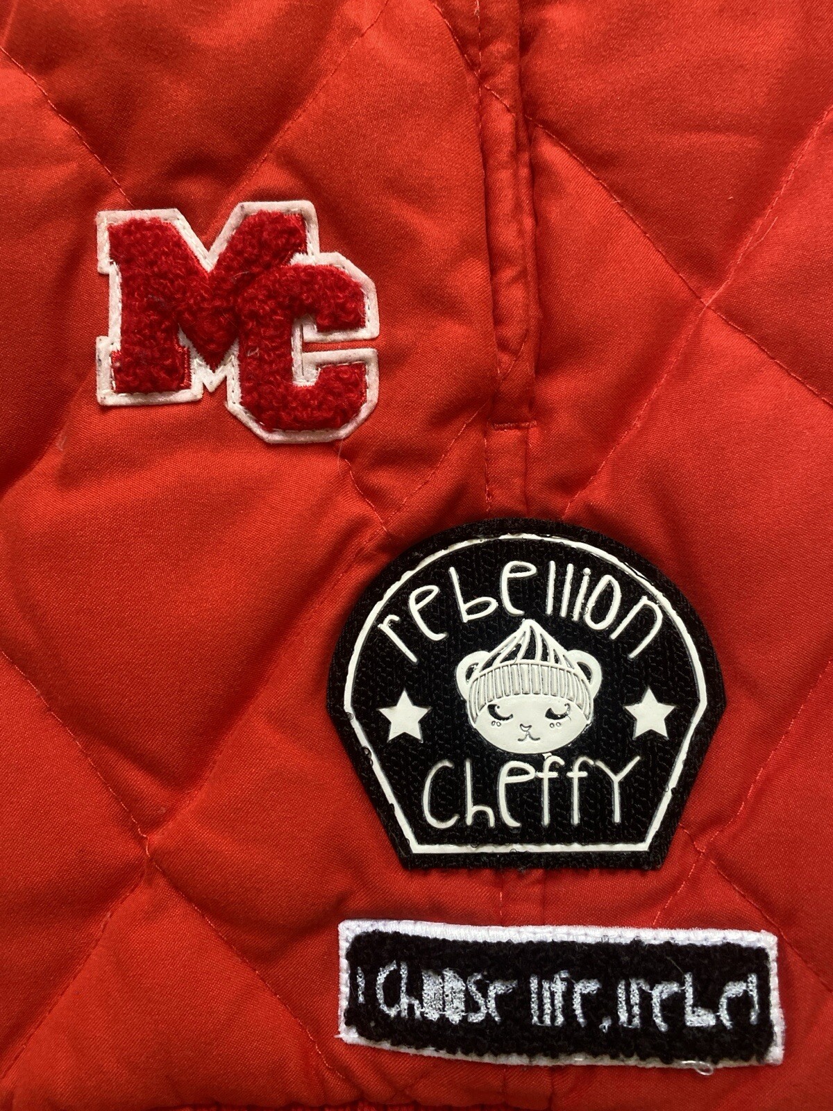 Long Quilt Patch Jacket Size S Down Fill Red BSX … - image 8