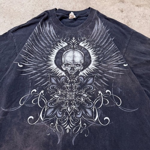 Vintage Y2K Style Skull Wings Graphic Tee Grunge Distressed Black Tee XL - Picture 4 of 7