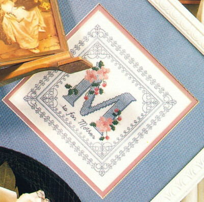 M IS FOR MOTHER Letter Flowers Victorian  Design Cross Stitch Pattern Chart V6