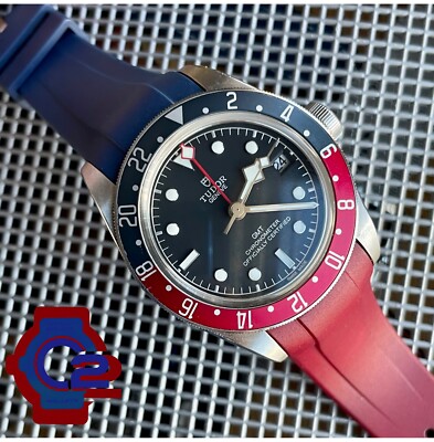 22mm RED BLUE Vulcanized Rubber Strap Bamd TUDOR Black