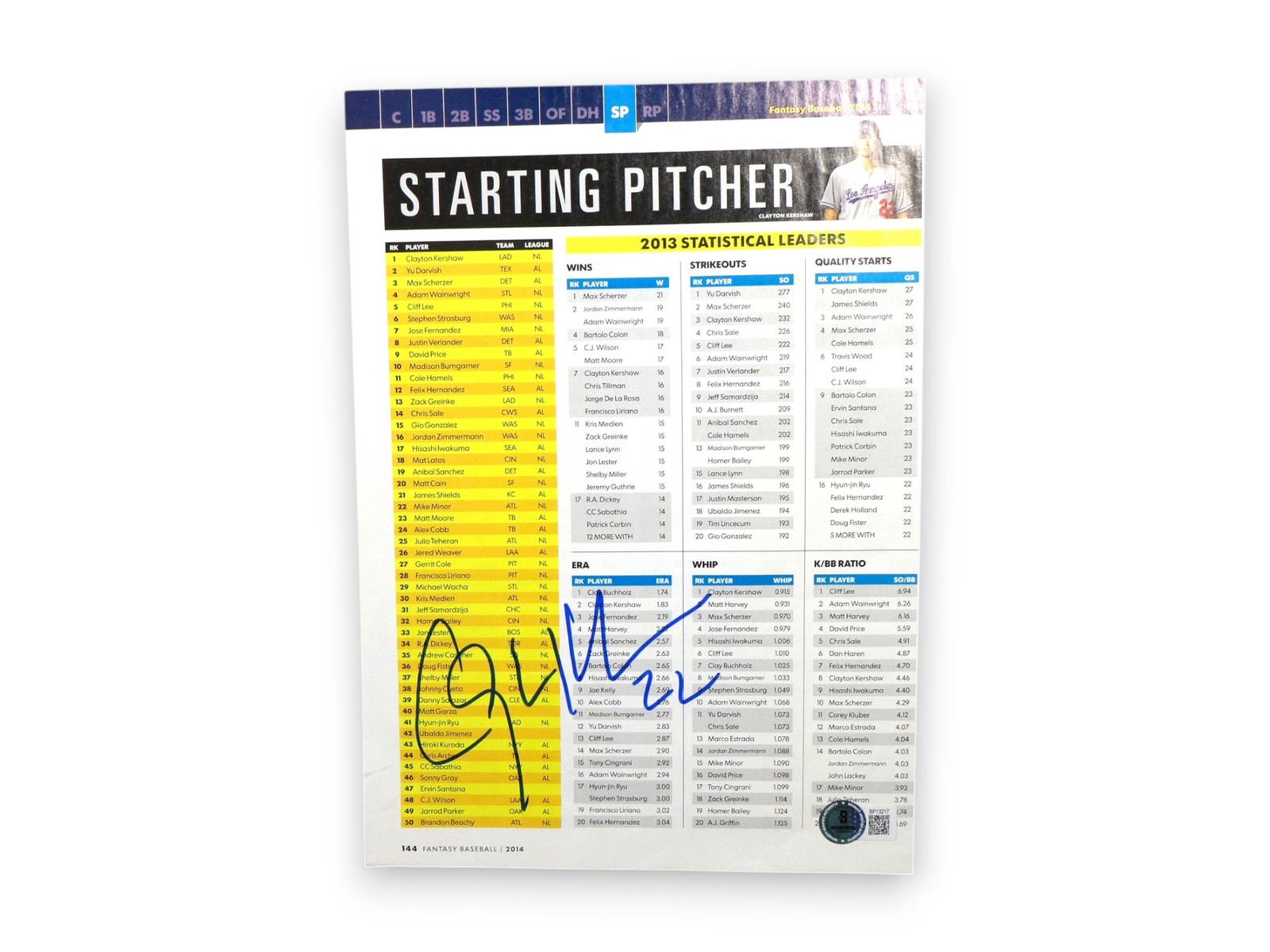 Clayton Kershaw Autographed Signed Los Angeles Dodgers Magazine Page Dodgers 2013 Stats BAS BP13217 