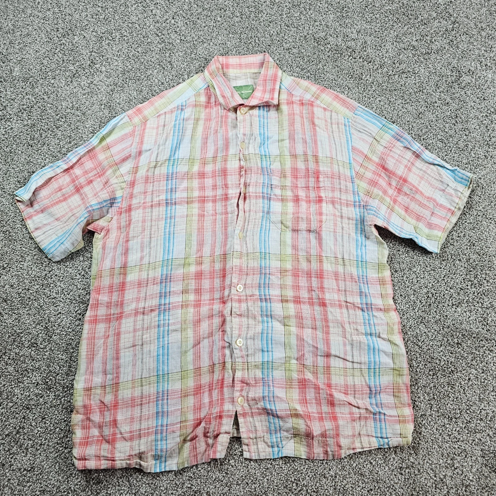 Tommy Bahama Shirt Mens Medium Red Linen Tartan Plaid Short Sleeve Beach Boat