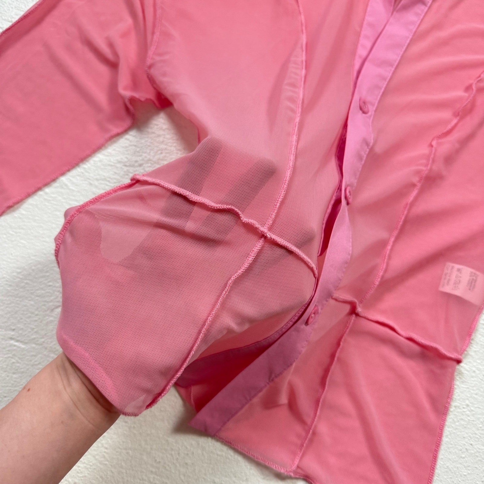 Shein Mesh Patchwork Button Up Pink Long Sleeve T… - image 4