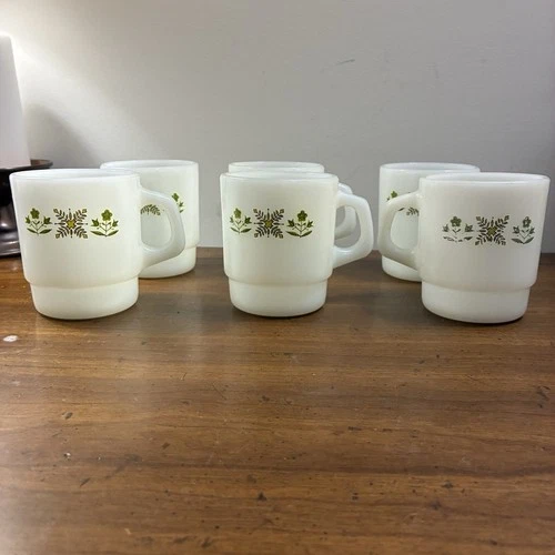Vintage MCM Anchor Hocking Fire King Stacking Mugs Cups Green Meadow Set of 6