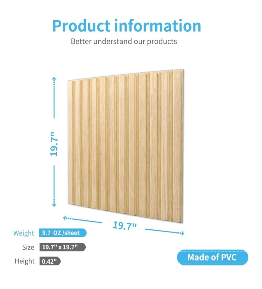 Panel de pared de listones Art3d, panel texturizado estriado 3D 12 azulejos 19,7 x 19,7 pulgadas - Roble Foto 2 de 4