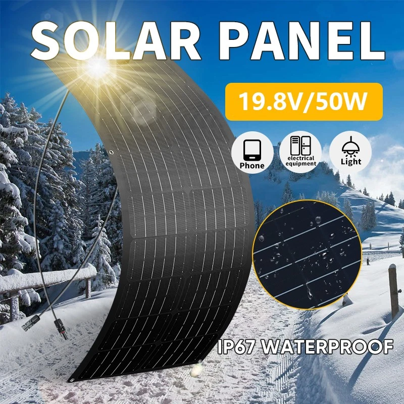 Set di Pannelli Solari da 50 Watt, 12V/24V Monocristallino Flessibile Caricatore Solare Fotovoltaico per Camper/Casa Mobile/Barca/Auto/Campeggio