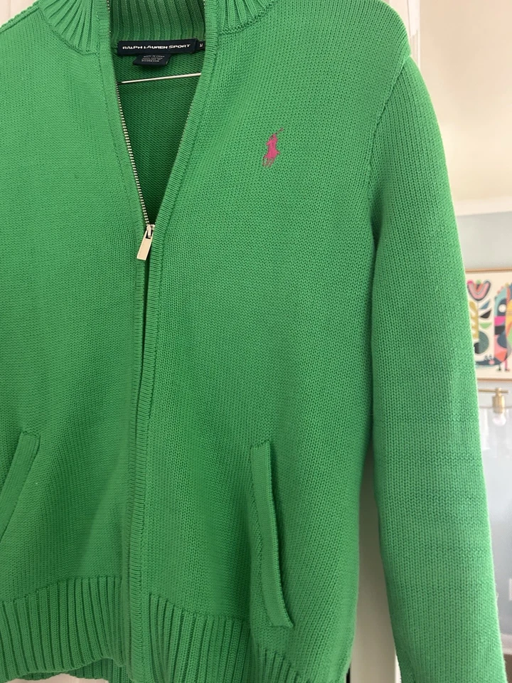 Suéter Ralph Lauren Sports Vintage Feminino Verde com Zíper Logotipo Rosa Pônei M - Imagem 2 de 4