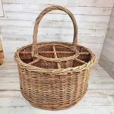 Vintage Large Round Picnic Basket with Handle 12 Compartments Drink Carrier