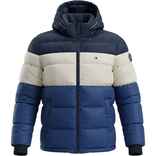Tommy Hilfiger Puffer Jacket Mens M Full Zip Hooded Striped Color Block Coat - product listing photo