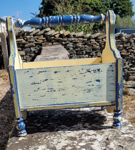 Vintage Painted Wooden Trug Basket, Turned Handle, Floral Daisies & Poppy