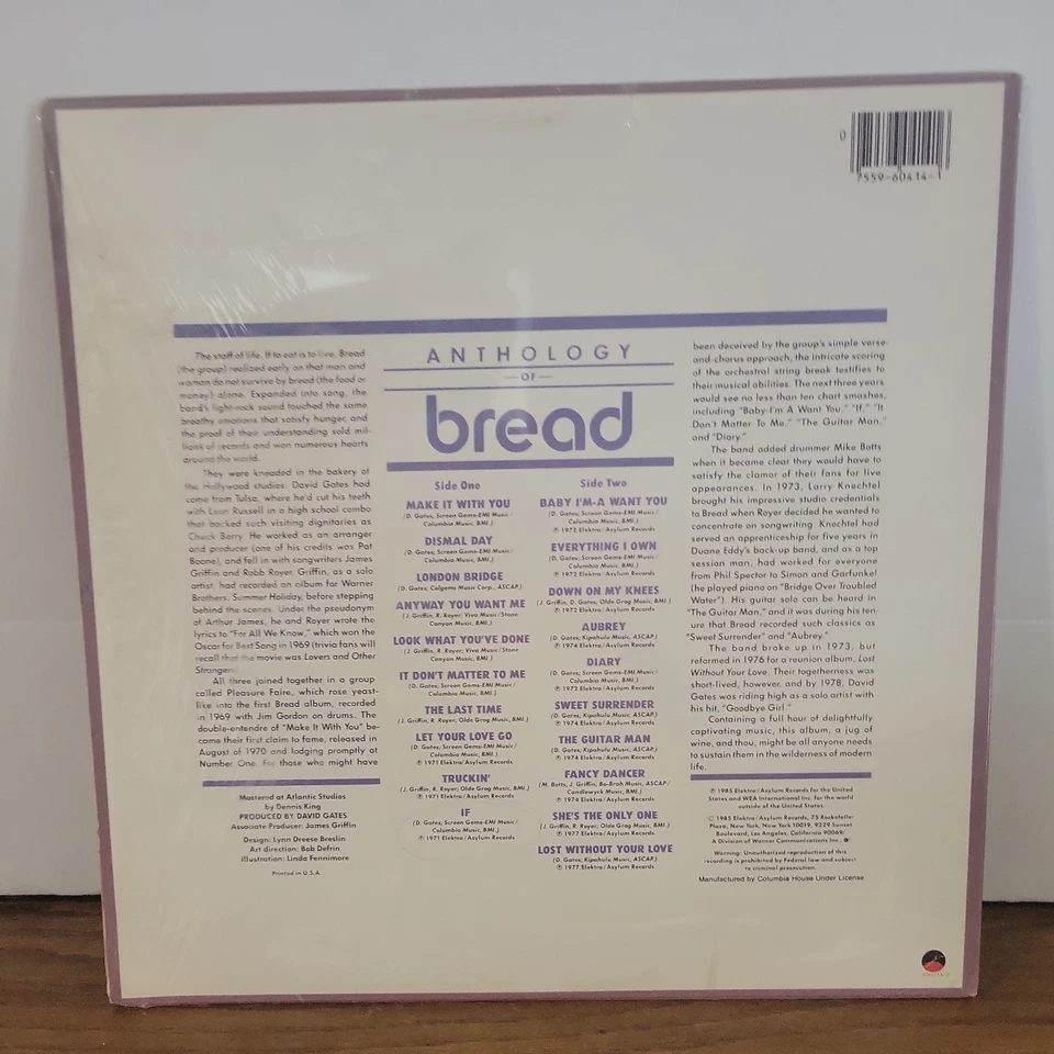 BREAD Anthology of: LP 1985 Elektra EI 60414 David Gates Scarce 1985 Club Issue Foto 2 de 4