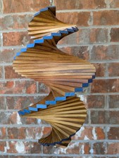 Handcrafted Wood Wind Spinner, (13.5" High) , Custom Design, Metallic Blue Ends