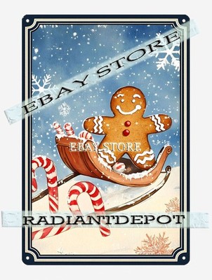 gingerbread sleigh metal tin sign snow ride festive winter plaque unframed art