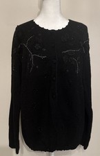 Vtg Tiara International Women  s Black Embroidered Ramie Cotton Knit Cardigan M