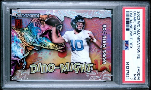 2023 WC Dino-Might Drake Maye SILVER RAINBOW T-REX Rookie RC #'D 32/50 PSA 7