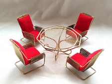 Puppenmöbel für Puppenstube Sitzgruppe Freischwinger Tisch Stühle Metall Vintage