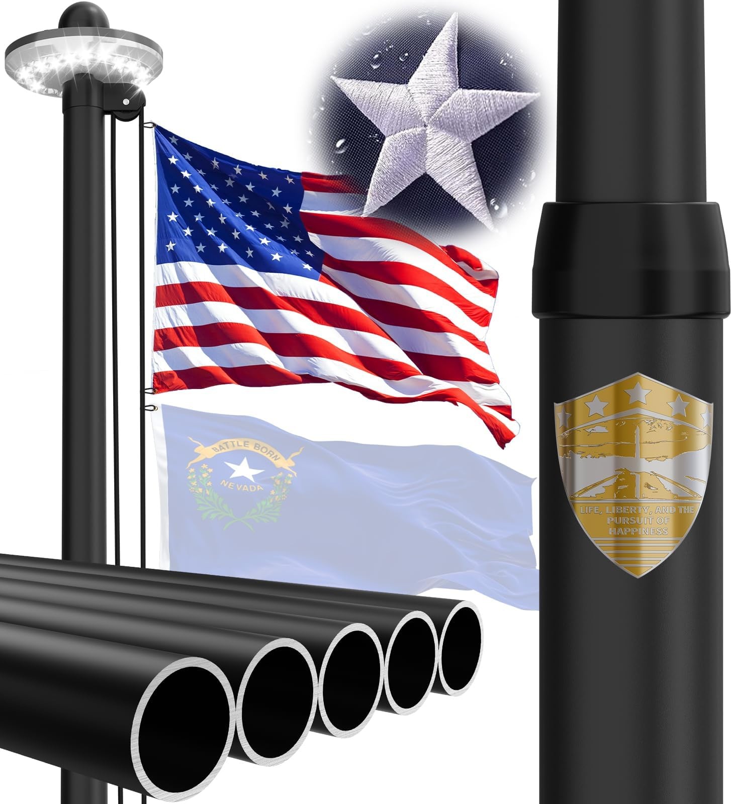 25FT Heavy Duty Flag Pole Kit with Solar Light,5x3 USA Flag,2.7" Large Diamet...