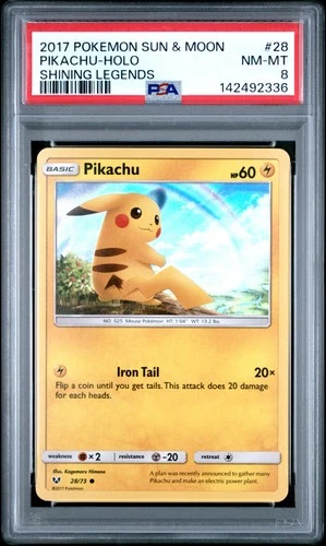 2017 POKEMON SUN & MOON SHINING LEGENDS #28 PIKACHU-HOLO PSA 8