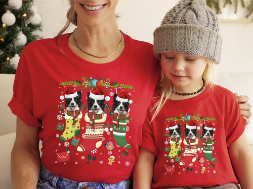 Xmas TShirt Border Collie Dog Xmas Shirt Christmas T-Shirt Xmas T Shirt Stcking - Picture 2 of 11