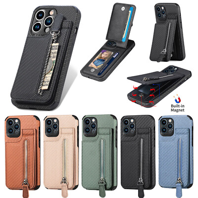 For iPhone 13 12 11 14 15 16 Pro Max Shockproof Zipper Wallet Leather Stand Case