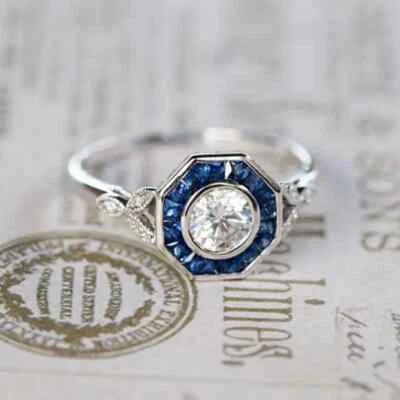 Bague de fiançailles vintage art déco en argent 925 diamant et saphir créée e... - Photo 1/4