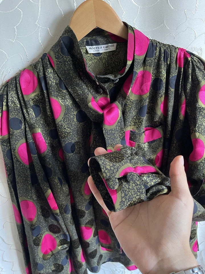 Blusa años 80 WALTER GROSS ZURICH - ST. MORITZ SEDA ATADA VERDE ROSA ABSTRACTO L Foto 4 de 4