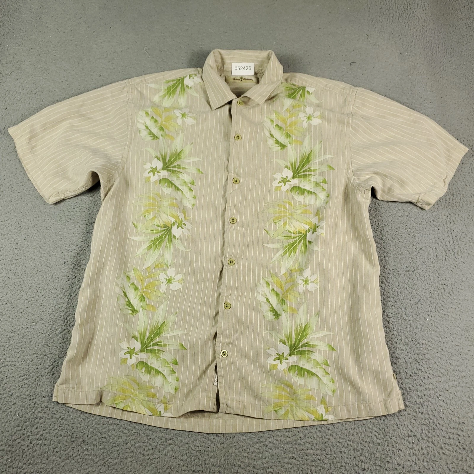 Tommy Bahama Shirt Mens Size XL Beige Striped Hawaiian Button Up Short Sleeve