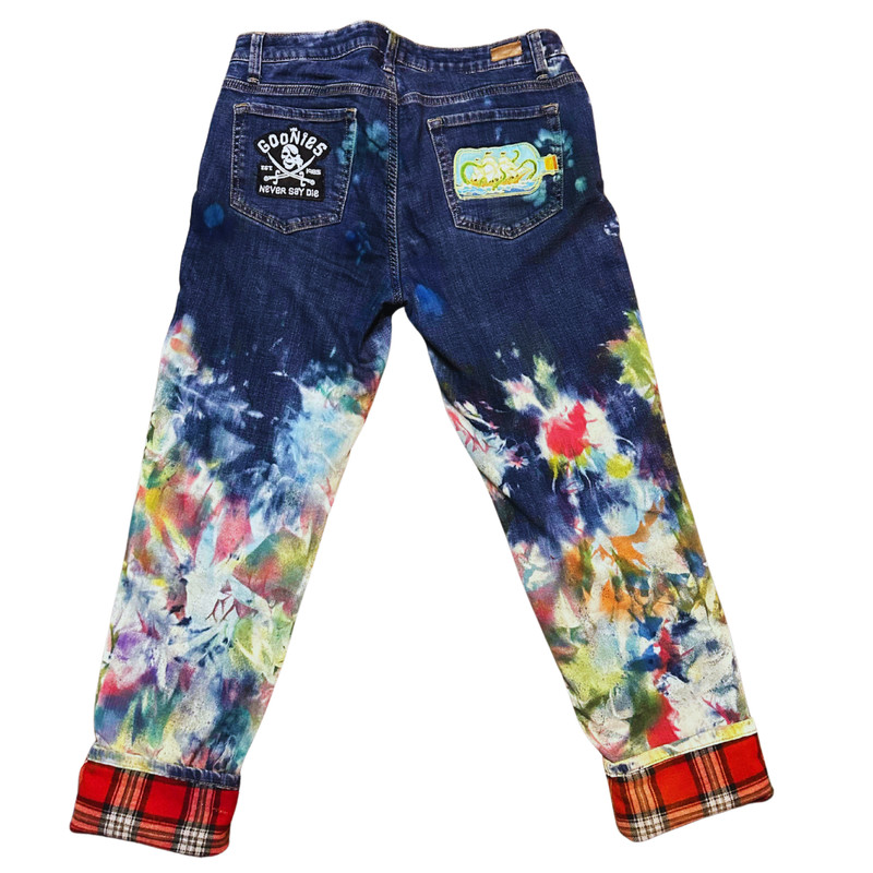 Lee Jeans 10 UpCycled Tie Dye Floral Patch Goonies Ship Flannel Lined ArtWear