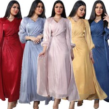 Abaya Women Kaftan Muslim Maxi Dress Ramadan Dubai 2pcs Set Open Kimono Cardigan
