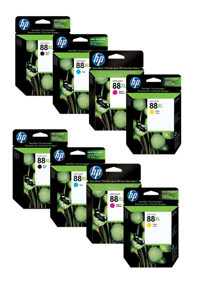 2x Genuine HP 88XL Black Cyan Magenta Yellow Ink Cartridges - C9395A/91A/92A/93A