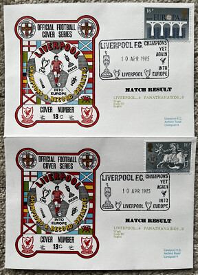 Liverpool gegen Panathanaikos 10. April 1985 Dawn Ersttagsbrief 2er Set